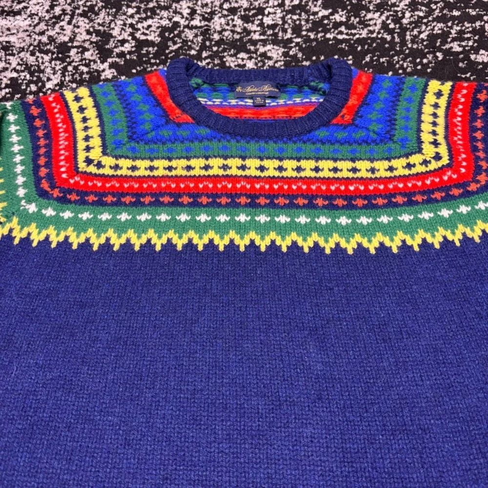 Brooks Brothers Mens XL English Lambswool Fair Isle Yoke Crewneck Sweater Blue